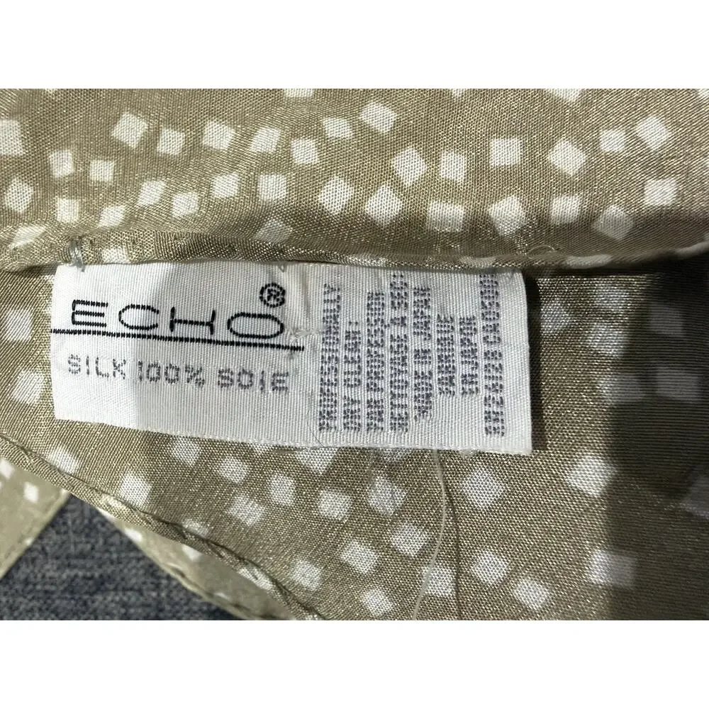 Vintage Echo Scarf Wrap 100% Silk Taupe Ivory Geometric Print Japan Indie Fringe